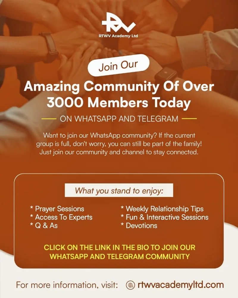 Flier for the RTWV Community on WhatsApp and Telegram: over 3,000 members, with prayer sessions, access to experts, Q and As, weekly relationship tips, interactive sessions and devotions