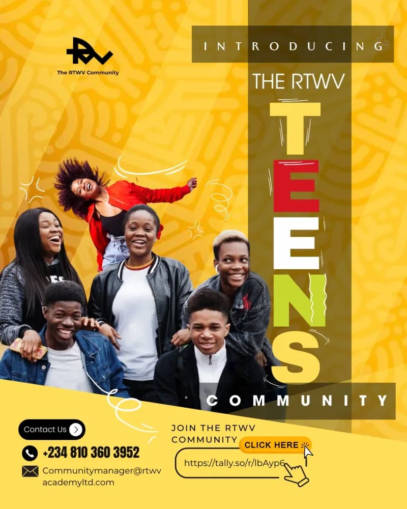 Flier for the RTWV Teens Community: a community for teenagers, joined through the sign-up link