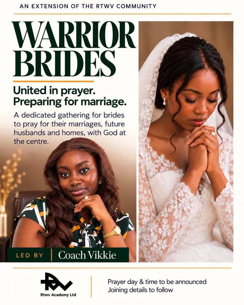 Flier for Warrior Brides, a prayer community for brides-to-be, an extension of the RTWV community led by Coach Vikkie