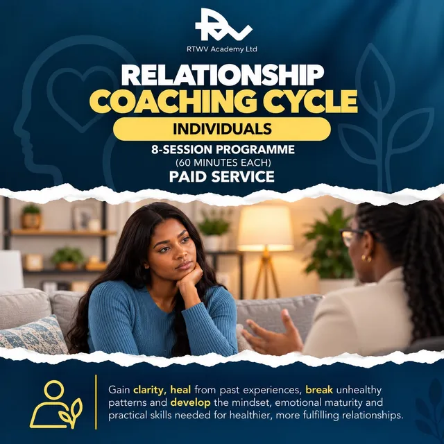 Flier for Relationship coaching cycle for individuals: 8 sessions · 60 min each, a paid service