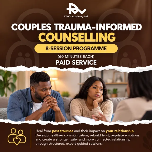 Flier for Trauma-informed therapy for couples: 8 sessions · 60 min each, a paid service