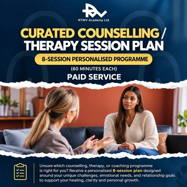 Flier for the Curated Counselling and Therapy Session Plan: a personalised 8-session programme of 60 minutes each, a paid service