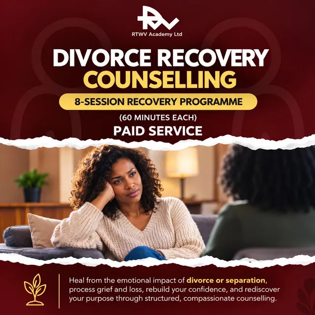 Flier for Divorce recovery counselling: 8 sessions · 60 min each, a paid service