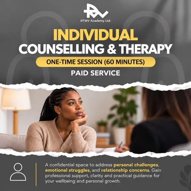 Flier for Individual counselling and therapy: one-time session · 60 minutes, a paid service