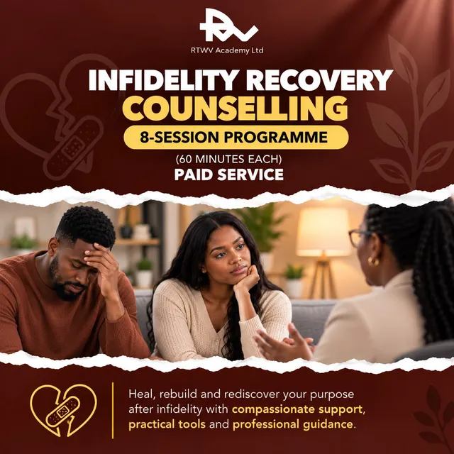 Flier for Infidelity recovery counselling: 8 sessions · 60 min each, a paid service