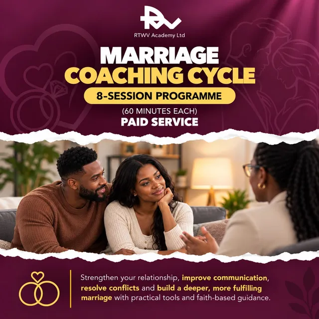 Flier for Marriage coaching cycle: 8 sessions · 60 min each, a paid service
