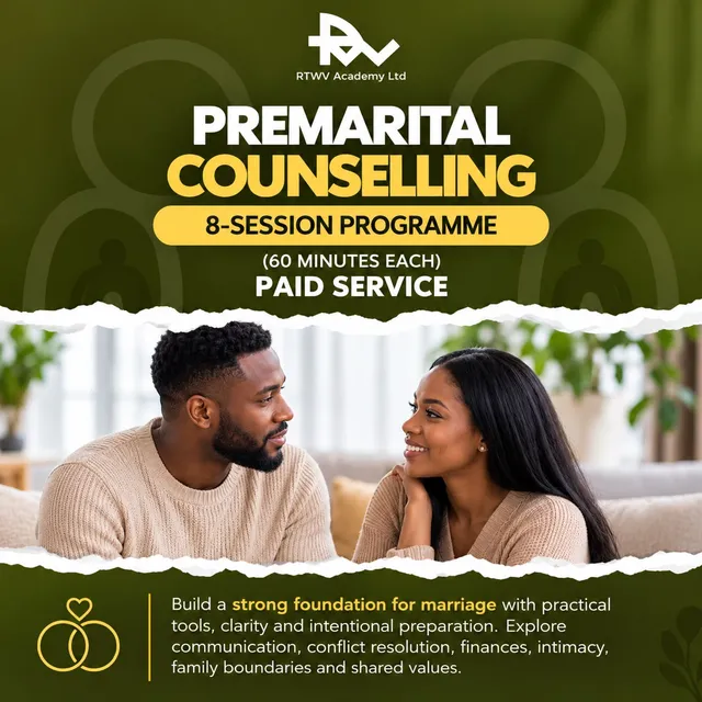 Flier for Premarital counselling: 8 sessions · 60 min each, a paid service