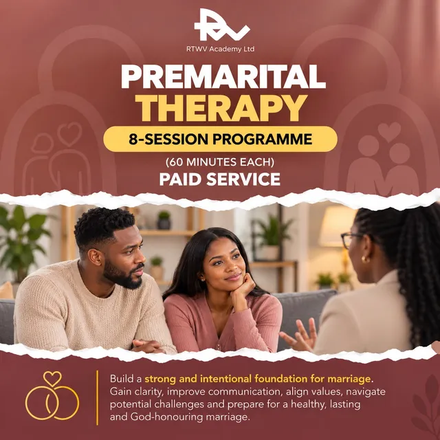 Flier for Premarital therapy: 8 sessions · 60 min each, a paid service