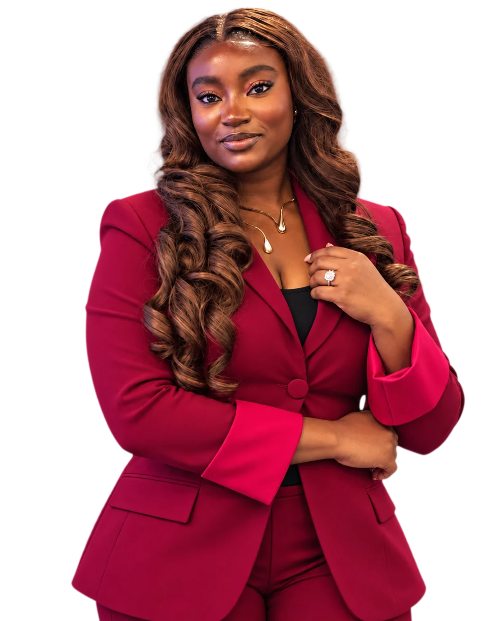 Coach Vikkie, Christian relationship coach, marriage and family therapist and counselor, in a crimson suit